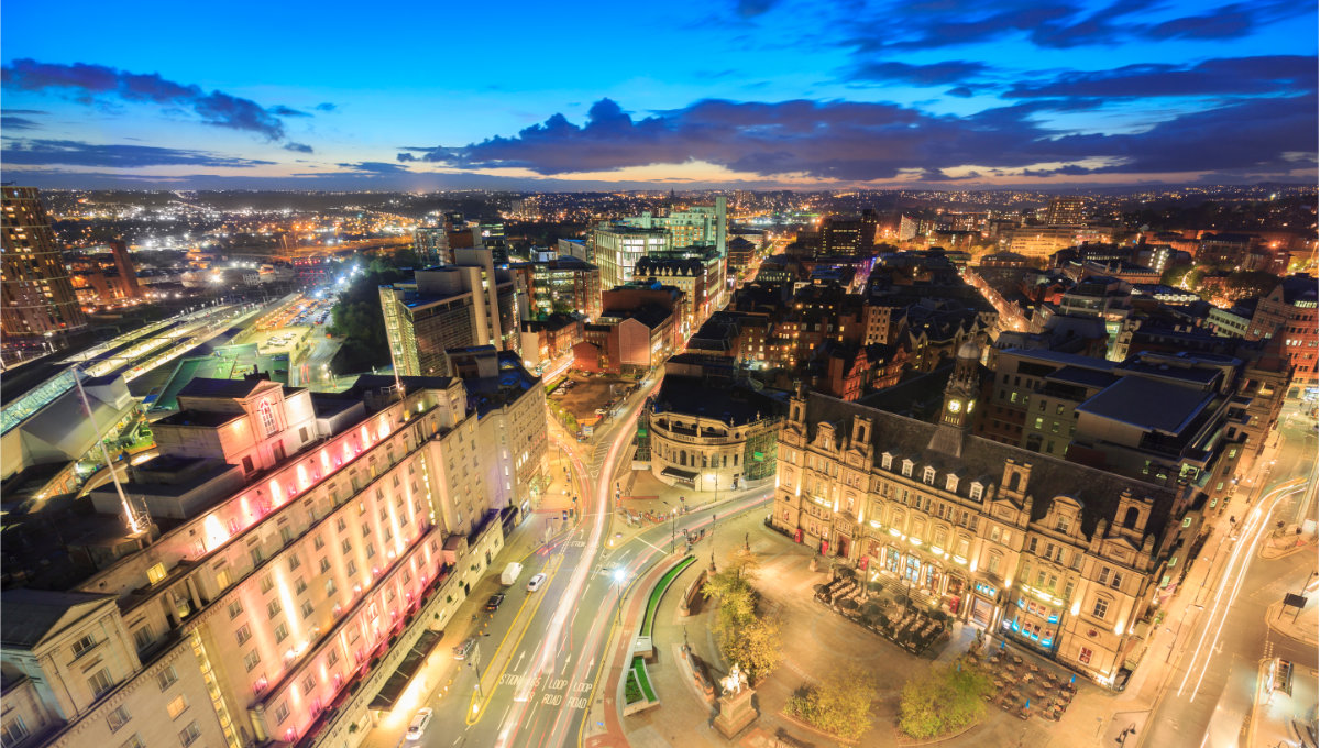 Aerial shot of Leeds City Square at night