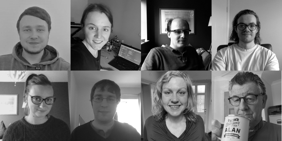 A collection of selfies, in a grid format showing the Slingshot Simulations team making up a remote team photot