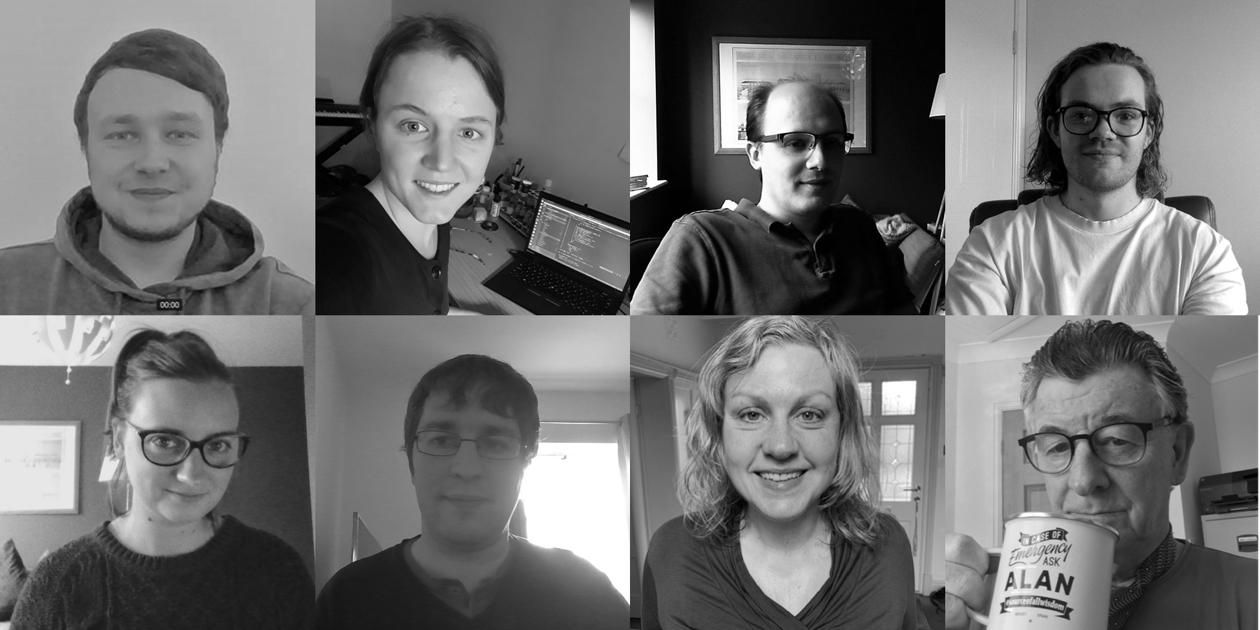 A collection of selfies, in a grid format showing the Slingshot Simulations team making up a remote team photot