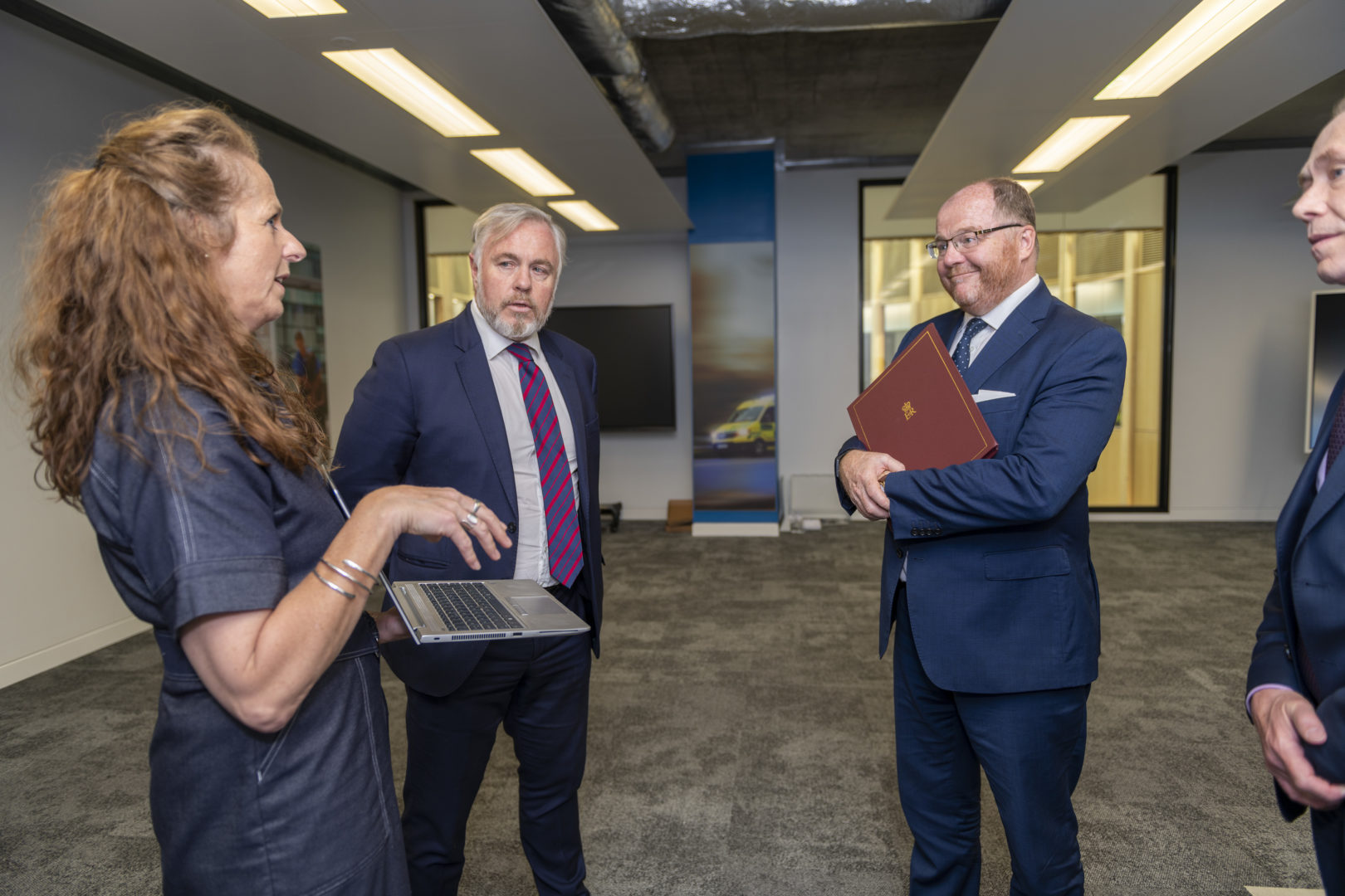 Image of Science Minister George Freeman meeting Dedalus UK’s Market Development Director Sally Stanley, and Mike Lee, Territory Leader, North England & Scotland