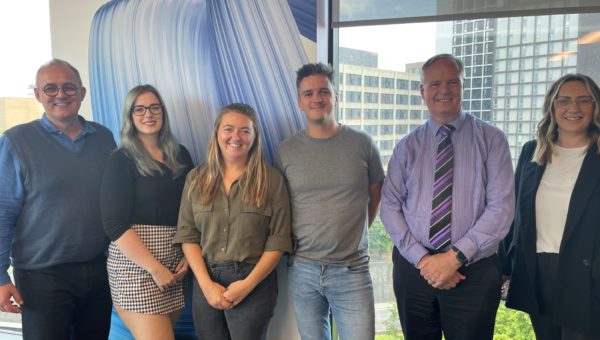 Representatives from some of the businesses using the KPMG@Nexus space. Left to right: Paul Baverstock, CEO, Caterpillar Health; Hollie Pearson, Senior Full Stack Engineer, Caterpillar Health; Sarah Richard, Co-founder and Chief Product Officer, Caterpillar Health; Ashley Hopkins, Developer, Caterpillar Health; David Jordan, CEO, enteruptors; George Fairhall, Work & Communications Limited 