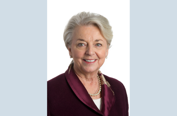 Image of Dame Linda Pollard, head and shoulder portrait of Linda smiling to camera against a white background